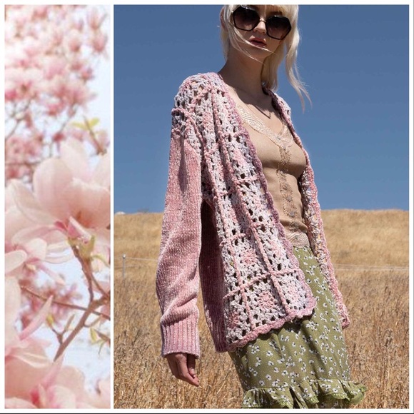 Hand Crocheted Chenille Granny Squares Cardigan - Picture 7 of 9